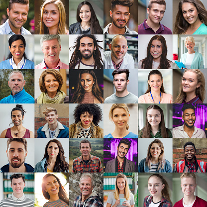 Grid view of 36 portraits of people of all ages and ethnicities.