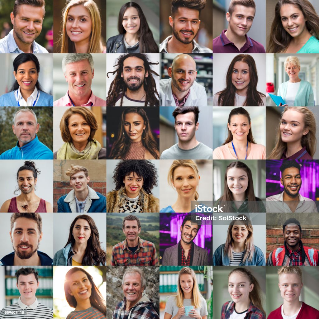 People of All Ages and Ethnicities Grid view of 36 portraits of people of all ages and ethnicities. Grid Pattern Stock Photo
