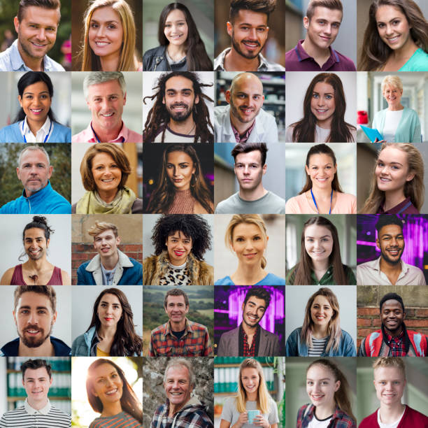 People of All Ages and Ethnicities Grid view of 36 portraits of people of all ages and ethnicities. grid pattern stock pictures, royalty-free photos & images