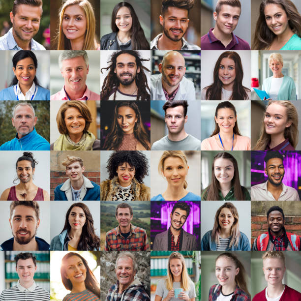 People of All Ages and Ethnicities Grid view of 36 portraits of people of all ages and ethnicities. lattice stock pictures, royalty-free photos & images