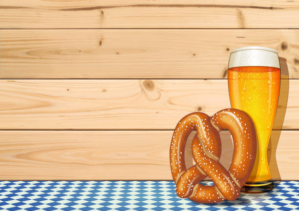 illustrations, cliparts, dessins animés et icônes de fond de l’oktoberfest [verre à bière et bretzel sur les planches en bois] - pretzel german culture food salt
