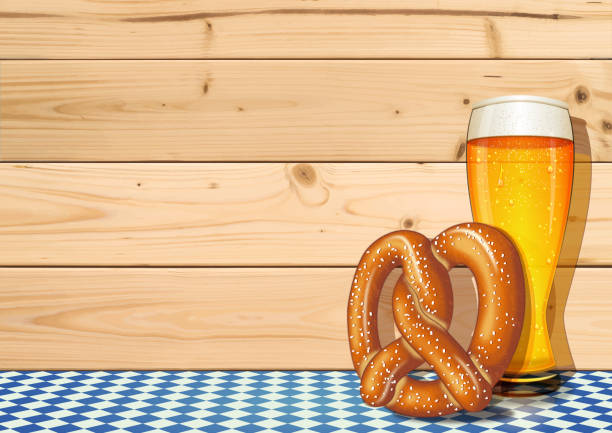 옥 토 버 페스트 배경 [맥주 유리 및 나무 보드에 꽈 배기] - pretzel german culture food salt stock illustrations