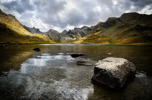 Lake of Lauzanier in Val de l'Ubayette, in the mountains of Mercantour National Park, between France and Italy