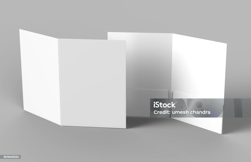 Blank white reinforced pocket folders on grey background for mock up. 3D rendering. Blank white reinforced pocket folders on grey background for mock up. Template Stock Photo