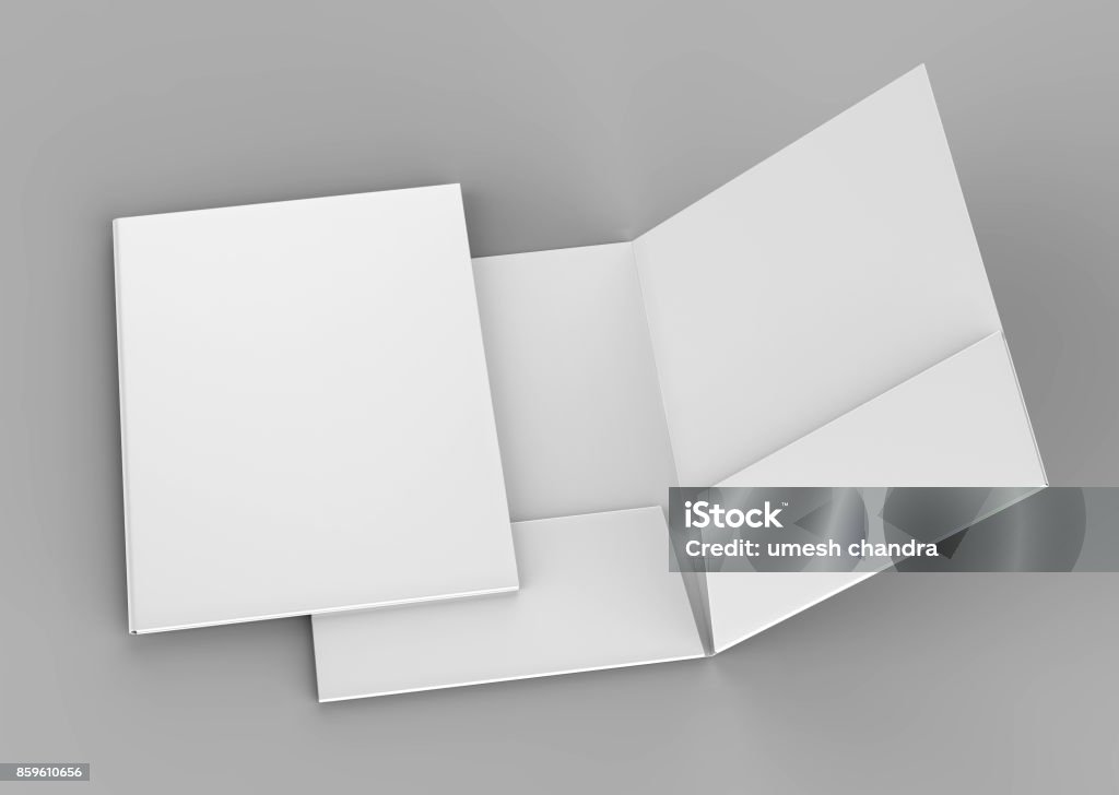 Blank white reinforced pocket folders on grey background for mock up. 3D rendering. Blank white reinforced pocket folders on grey background for mock up. Ring Binder Stock Photo