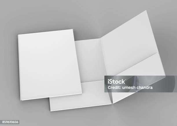 Blank White Reinforced Pocket Folders On Grey Background For Mock Up 3d Rendering Stock Photo - Download Image Now