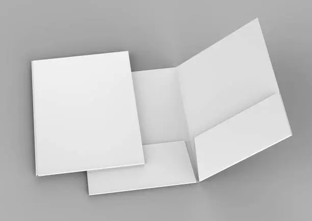 Photo of Blank white reinforced pocket folders on grey background for mock up. 3D rendering.