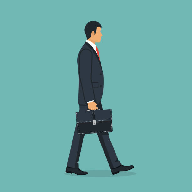 Businessman with briefcase walking to work. Businessman with briefcase walking to work. Vector illustration flat design. Male cartoon character. Office manager in a business suit with tie. Confident man. Isolated on background. Go ahead. briefcase illustrations stock illustrations