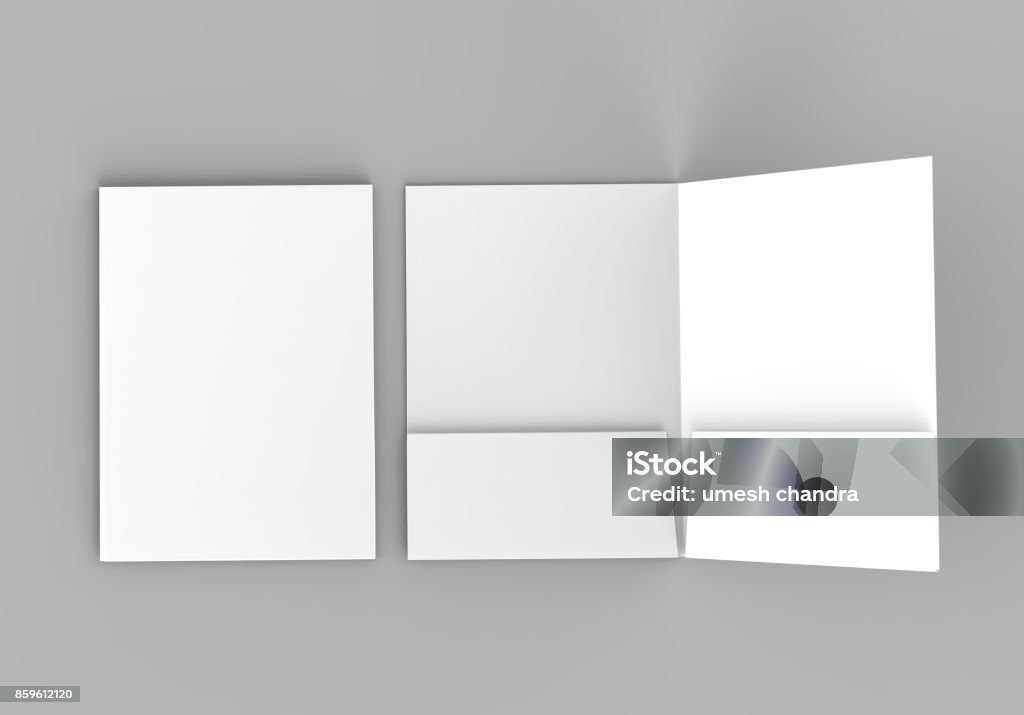 Blank white reinforced pocket folders on grey background for mock up. 3D rendering. Blank white reinforced pocket folders on grey background for mock up. Ring Binder Stock Photo