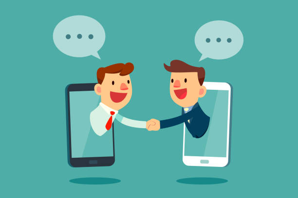 ilustrações, clipart, desenhos animados e ícones de empresários, apertando as mãos através da tela do telefone inteligente - isolated smiling business person handshake
