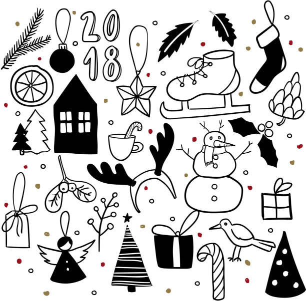 istock Christmas doodles. Hand drawn vector icons. Xmas and New Year scrapbooking sticker. Snowman, house, ice skate, deer horns, bird, angel, leaf, candy, cone, mistetoe, gift tag, Xmas tree decoration. 859612428