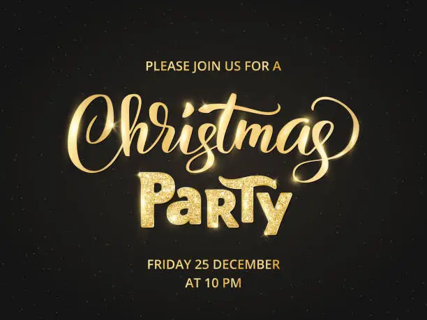 Vector illustration of Christmas party poster template, vector illustration. Hand written lettering. Sparkling glitter golden typography.
