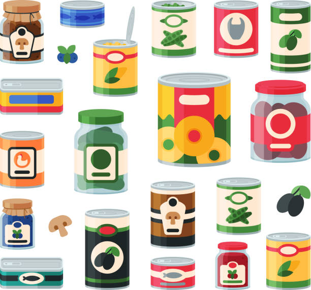 illustrazioni stock, clip art, cartoni animati e icone di tendenza di barattoli in scatola cibo contenitore negozio di alimentari e deposito prodotti etichetta in alluminio conservare illustrazione vettoriale - can canned food container cylinder