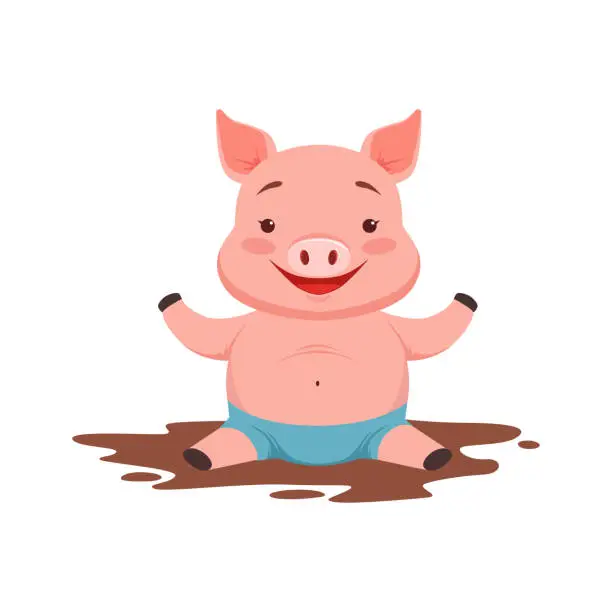 Vector illustration of Cute happy pig sitting in a dirty pool, funny cartoon animal vector Illustration