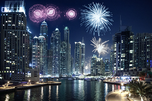 New Year's day fireworks and celebrations in Dubai Marina, UAE.