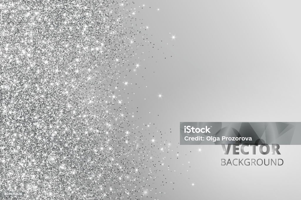 Glitter confetti, snow falling from the side. Vector silver dust, explosion on grey background. Sparkling border, frame Glitter confetti, snow falling from the side. Vector silver dust, explosion on grey background. Sparkling border, frame. Great for wedding invitations, party posters, Christmas and birthday cards. Silver Colored stock vector