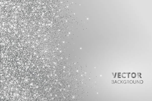 Glitter confetti, snow falling from the side. Vector silver dust, explosion on grey background. Sparkling border, frame Glitter confetti, snow falling from the side. Vector silver dust, explosion on grey background. Sparkling border, frame. Great for wedding invitations, party posters, Christmas and birthday cards. silver colored stock illustrations
