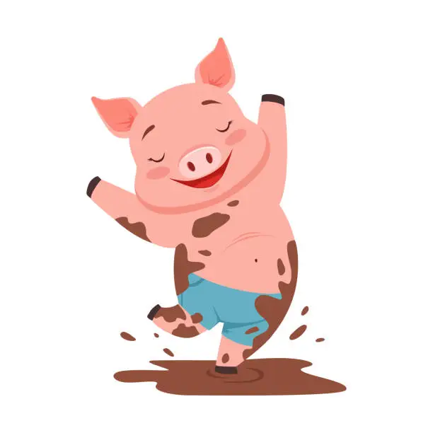 Vector illustration of Cute happy pig jumping in a dirty pool, funny cartoon animal vector Illustration