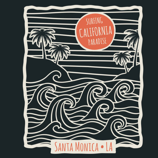 Retro california summer beach surf vector t shirt vector design with palm trees and ocean waves Retro california summer beach surf vector t shirt vector design with palm trees and ocean waves. Surfing beach vintage illustration white t shirt silhouette stock illustrations