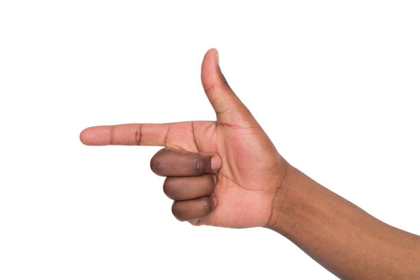 istock Palm of black man the index finger points forward on isolated white background 859620374
