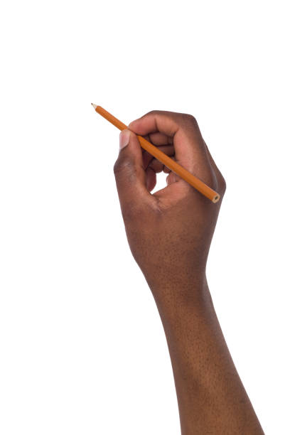 schwarzer mann hand hält einen bleistift. textfreiraum - black pencil stock-fotos und bilder