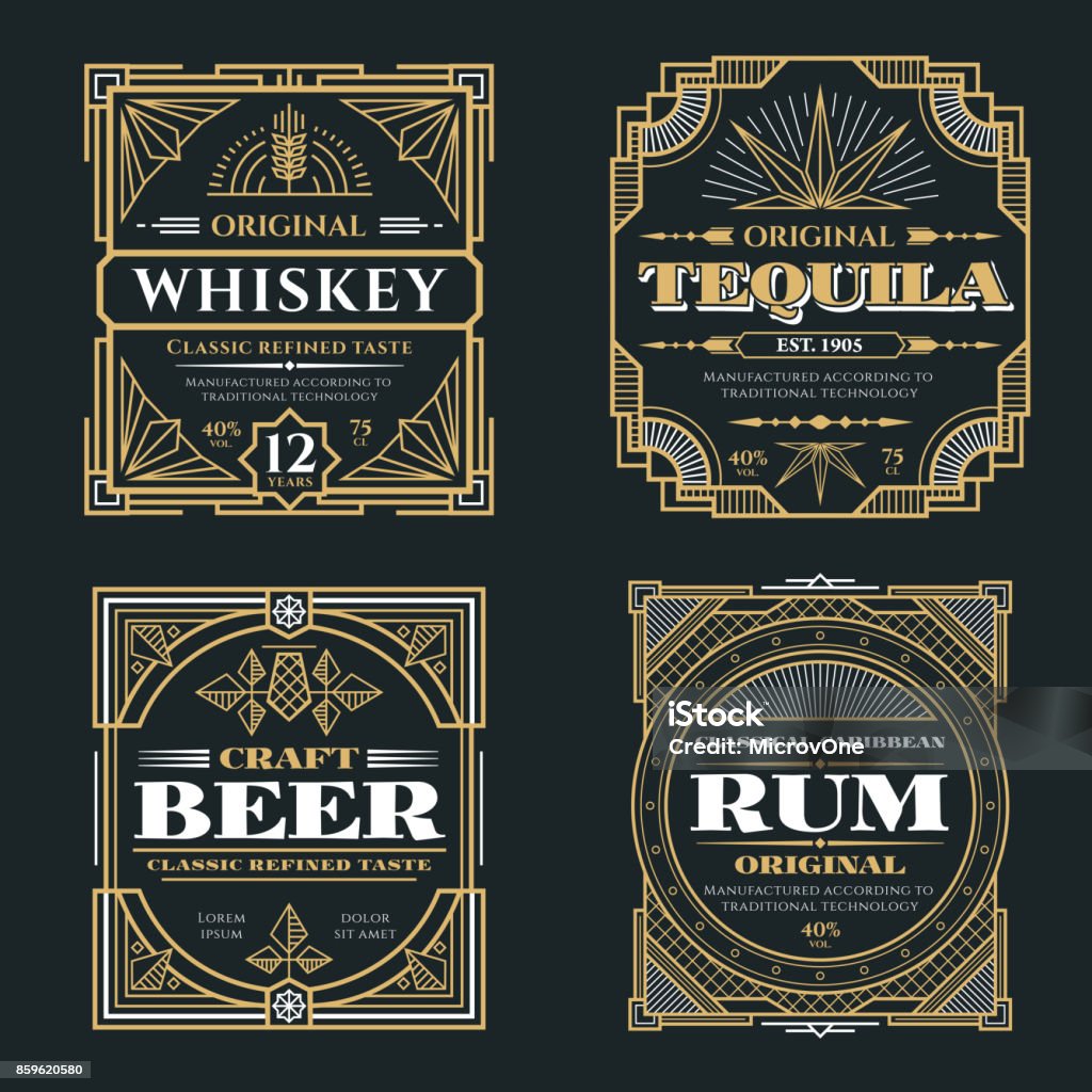 Etiquetas en estilo retro art deco del vector Vintage whisky y bebidas alcohólicas - arte vectorial de Etiqueta libre de derechos