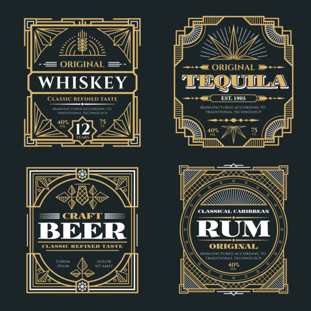 ilustraciones, imágenes clip art, dibujos animados e iconos de stock de etiquetas en estilo retro art deco del vector vintage whisky y bebidas alcohólicas - whisky