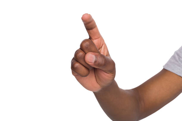 Hand of african american, index finger press the button on isolated white background. Copy space