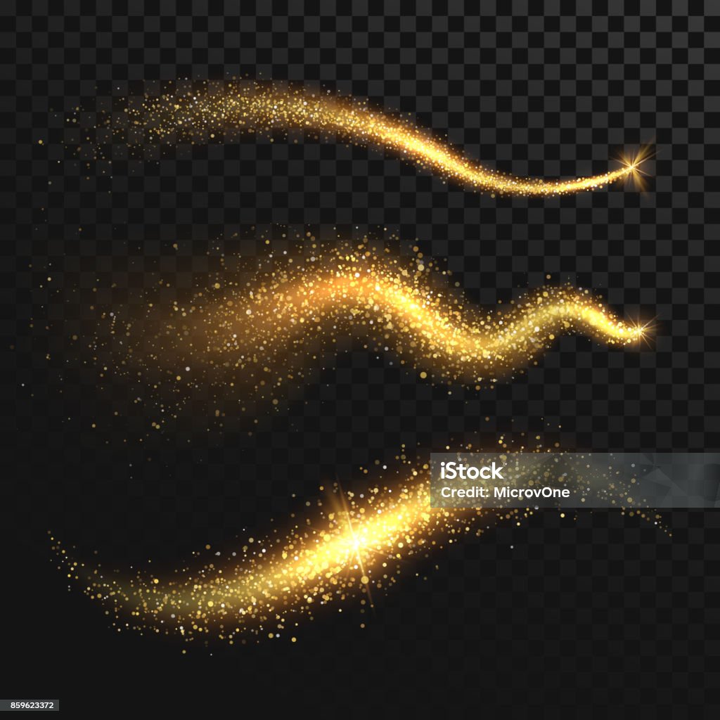 Golden glittering dust tails. Shimmering gold waves with sparkles vector set Golden glittering dust tails. Shimmering gold waves with sparkles vector set. Glow wave light, glitter sparkle golden tail illustration Christmas stock vector