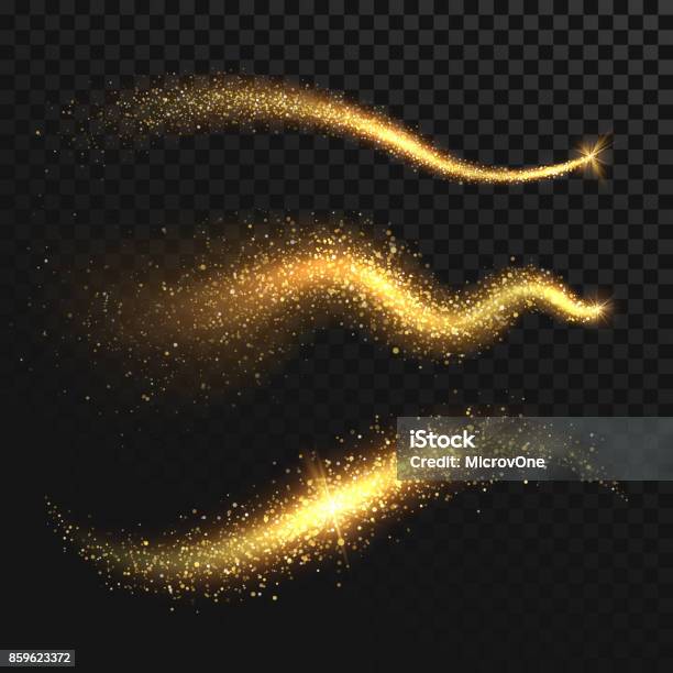 Golden Glittering Dust Tails Shimmering Gold Waves With Sparkles Vector Set Stock Illustration - Download Image Now