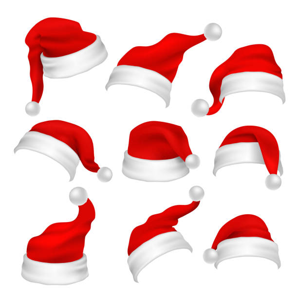 Santa Claus red hats photo booth props. Christmas holiday decoration vector elements Santa Claus red hats photo booth props. Christmas holiday decoration vector elements. Santa claus xmas hat for photo booth, cap costume illustration cute christmas clip art stock illustrations