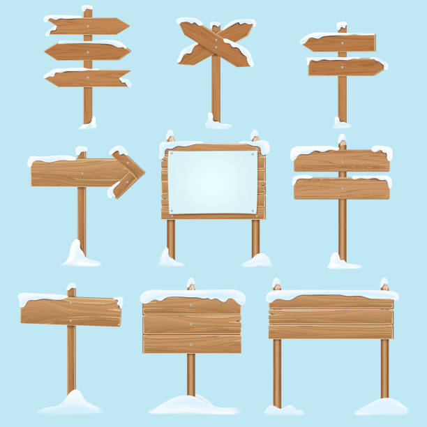 ilustrações, clipart, desenhos animados e ícones de sinais de madeira com neve de desenhos animados. elementos do vetor do inverno férias de natal - prancha de neve