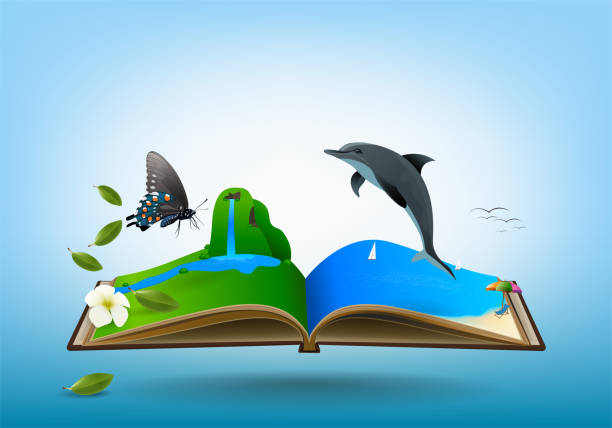 istock Open travel book, between Mountain meadows, waterfalls, butterflies, streams and sea beaches. over blue sky background, vector illustration. 859624032