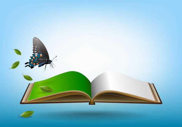 istock Open book in green grass, butterfly and leaves over blue sky background, vector illustration. 859626622