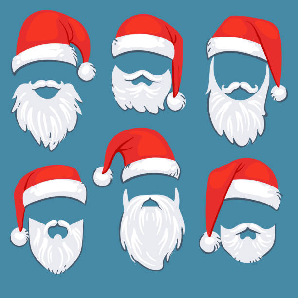 illustrazioni stock, clip art, cartoni animati e icone di tendenza di cappelli rossi di babbo natale con baffi bianchi e set vettoriale barbe - barba
