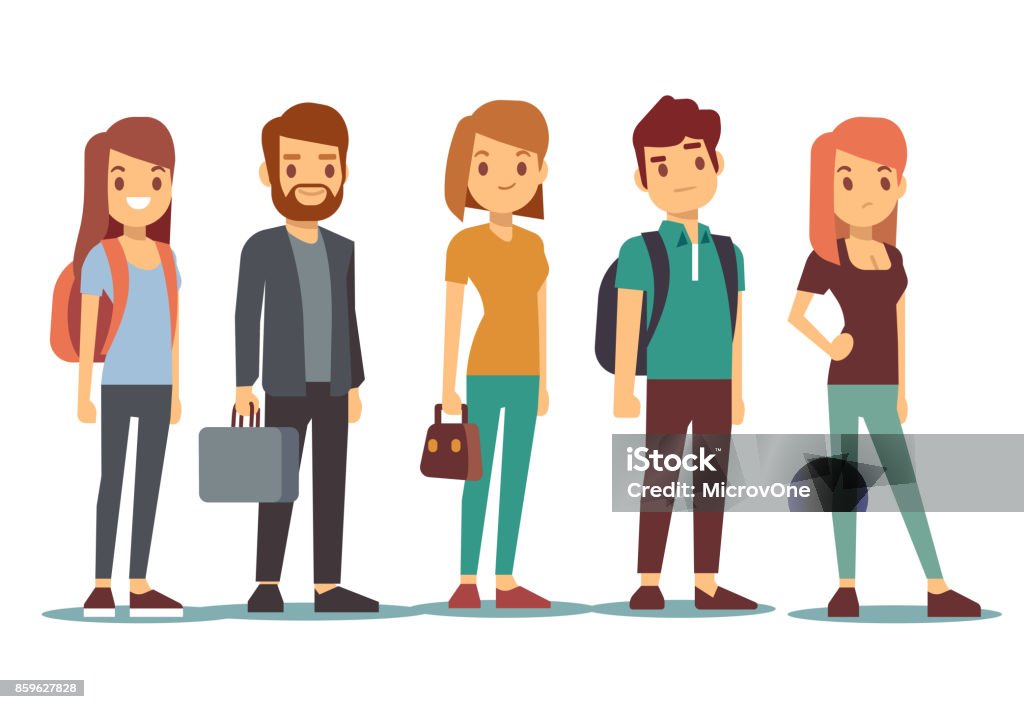 Cola de gente joven. Mujeres y hombres en línea en espera. Ilustración de vector - arte vectorial de Personaje libre de derechos