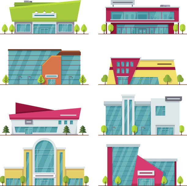 shopping center, mall und supermarkt modernen flachen vektor-gebäude - einkaufszentrum-innen stock-grafiken, -clipart, -cartoons und -symbole