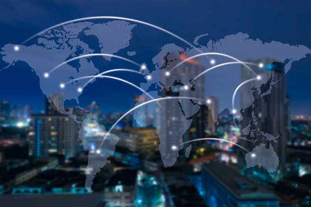 istock Virtual world map with connexions network on cityscape in the night background 859628250