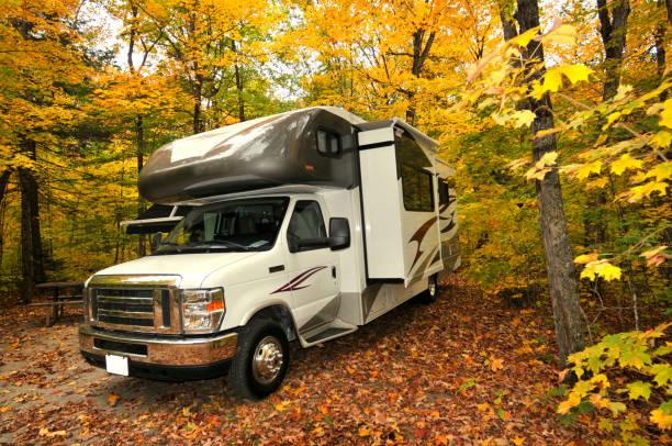 roadtrip with motorhome in Indian summer Canada stock photo