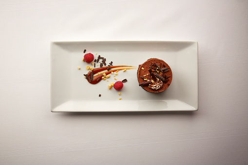 Directly above photograph of a stylish chocolate dessert