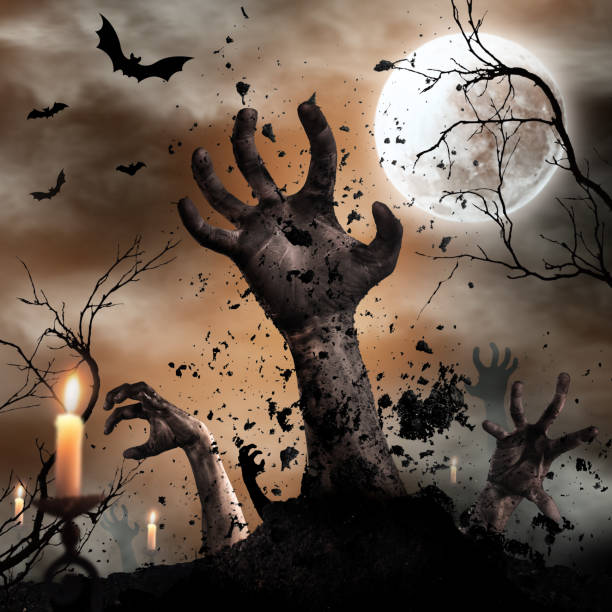 istock Scary Halloween background with zombie hands 859630756