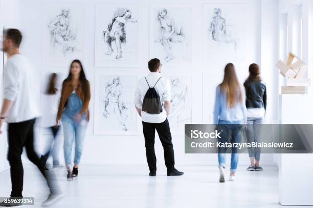 Man With Rucksack In Gallery Stock Photo - Download Image Now - Art Museum, Museum, People