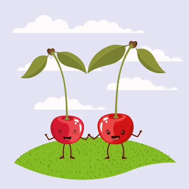 Vector illustration of color scene set sky landscape and grass with couple expressive gesture cherries fruits kawaii holding hands