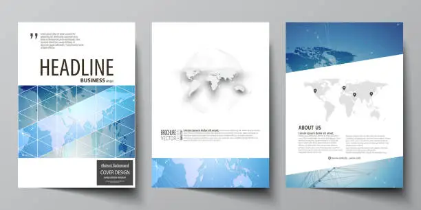 Vector illustration of The vector illustration of editable layout of three A4 format modern covers design templates for brochure, magazine, flyer, booklet. World map on blue, geometric technology design, polygonal texture