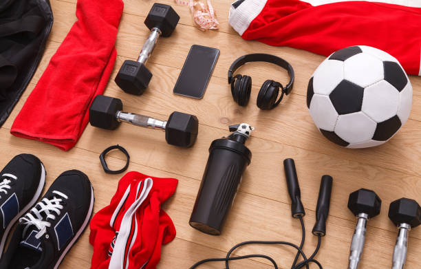 istock Workout, soccer and sport equipment background 859639982