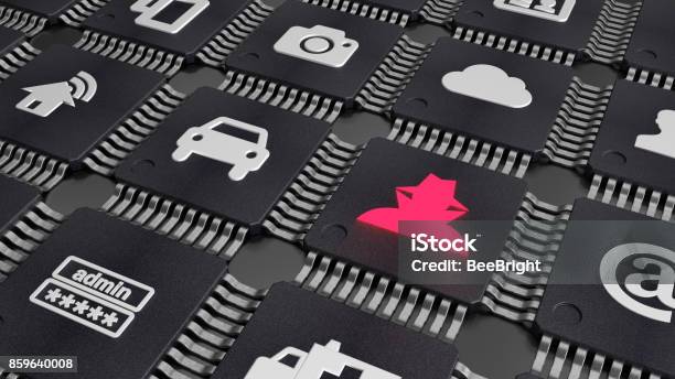 Grid Of Black Cpus Witch Different Iot Symbols In White Stock Photo - Download Image Now