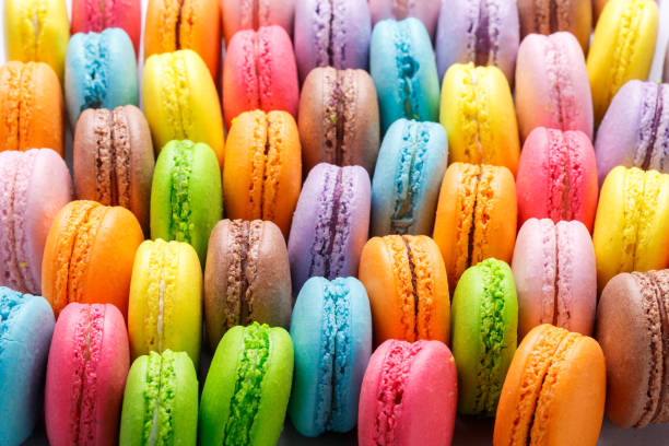 A lot of colourful many macaroons variety closeup for background