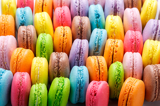 colourful many macaroons variety closeup for background