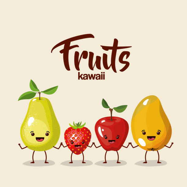 ilustrações de stock, clip art, desenhos animados e ícones de color background of set fruit kawaii holding hands - food smiling human eye facial expression