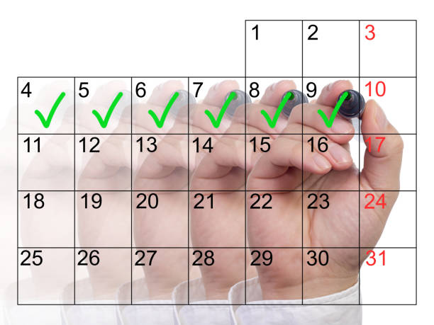 Several hands with different opacity marking the days of a week